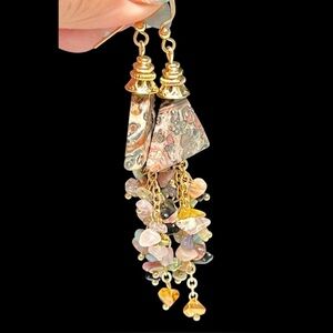 Genuine stone-Mexican crazy lace and genuine chip long Dangle Earrings